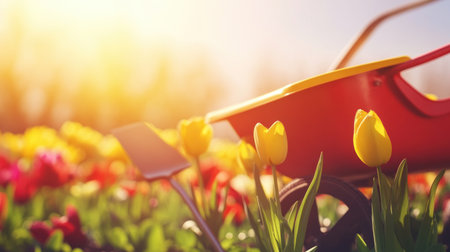 A wheelbarrow and garden tools in the background, a springtime gardening scene with blooming flowers and green grass, spring colors of yellow and red, a blurred bokeh effect to create an abstract background. The wheelbarrow is next to a Shovel and other yard equipment, symbolizing outdoor work or a homely style. --chaos 30 --ar 16:9 --v 6.1 Job ID: fbf49f47-7780-4187-94cb-57fe8d7ae498の素材