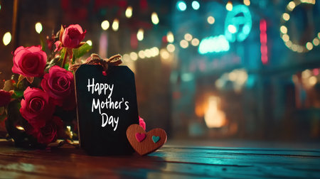 A wearable blackboard tag with white chalk text "Happy Mother's Day" on a wooden table, next to it is a bouquet of pink roses and two small heart-shaped wooden shapes. --chaos 30 --ar 16:9 --v 6.1 Job ID: dd76c2af-efe3-4753-8fc6-dd1567688952の素材