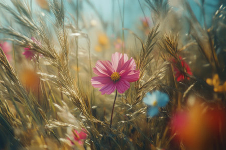 A vibrant summer meadow with colorful wildflowers, including cosmos and marigolds, basking in the warm sunlight. The focus is on one bright pink flower amidst tall grasses and other flowers of various colors. This scene captures nature's beauty at its prime during the mid-summer season. Captured using a Canon EOS R5 camera with a macro lens, aperture f/8 for a shallow depth of field effect. --ar 3:2 --v 6.1 Job ID: d30e9387-c854-4e5c-b802-8e7f04b0f632の素材