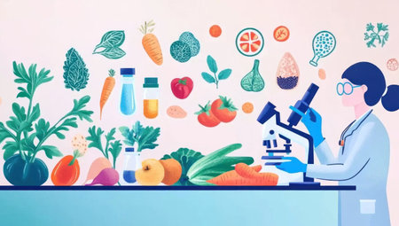 A scientist in blue gloves is using microscopes to examine vegetables and fruits, with icons of food safety being projected on the table behind them. The background color should be light blue or white. --ar 53:30 --v 6.1 Job ID: f4001298-c3b9-4e15-9003-020f8e4e5801の素材