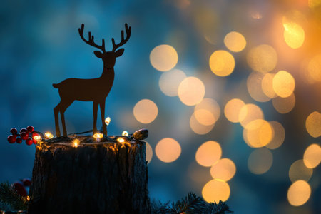 A simple wooden deer silhouette standing on top of an old tree stump, surrounded by Christmas decorations and lights, against the backdrop of a blue wall with a bokeh effect. The focus is sharp on the figure, while the background blurs into out-of-focus light and shadow. --ar 3:2 --v 6.1 Job ID: 5641f45a-bbde-42b6-9cff-83f03c15793fの素材