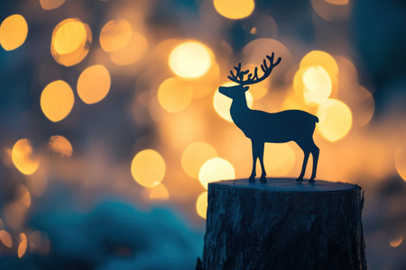 Close-up of a deer on a tree stump, with a Christmas decoration featuring lights in the background. The color scheme is blue and gold, creating a festive atmosphere. The image has a paper cutout style, with a blurred background and warm lighting, conveying a festive mood. This is a close-up shot, captured using macro photography techniques. The image was taken with a Nikon D850 camera and a 24-70mm lens, with an aperture of f/3.6, focusing on the reindeer silhouette. --ar 3:2 --v 6.1 Job ID: d0392186-4cee-4076-b2bc-118af4826438の素材