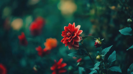 A vibrant field of red and yellow dahlia flowers, with the focus on one flower in sharp detail against a blurred green background filled with other colorful blooms. This image has copy space for text or product display at the top. The style is high-resolution digital photography, using natural light to highlight textures and colors. --chaos 30 --ar 16:9 --v 6.1 Job ID: a562aa65-e2bc-4783-8193-01b9598b8031の素材