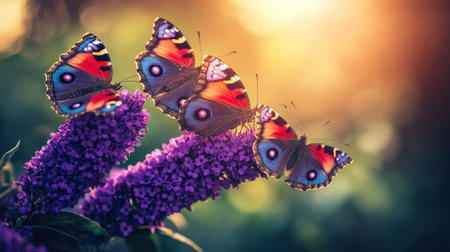 Beautiful purple butterfly bush with red and black butterflies on it, green background, blurred background, sunny day, photo taken from above, high resolution, high quality, high detail, hyper-detailed photography. --chaos 30 --ar 16:9 --v 6.1 Job ID: ec2c73b9-eded-42a2-8ac6-e7e8d1bc7a54の素材