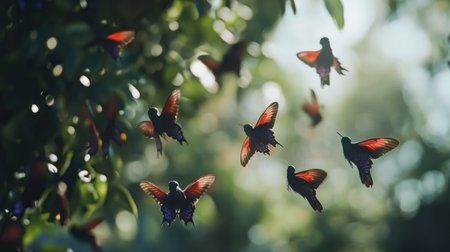 Beautiful purple butterfly bush with red and black butterflies on it, green background, blurred background, sunny day, photo taken from above, high resolution, high quality, high detail, hyper-detailed photography. --chaos 30 --ar 16:9 --v 6.1 Job ID: ec2c73b9-eded-42a2-8ac6-e7e8d1bc7a54の素材