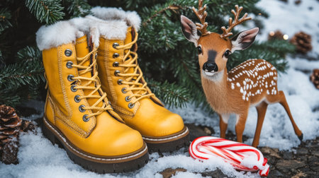 Christmas background with yellow boots, pine branches, and deer decoration placed on snow. There is also a candy cane in the scene. --chaos 30 --ar 16:9 --v 6.1 Job ID: 2396c2d3-e8a5-4f93-839e-37d260213ff0の素材