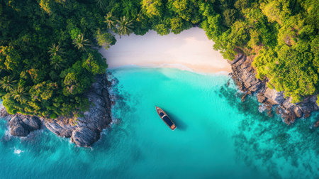 A luxurious yacht in crystal clear turquoise waters, parked on an exotic tropical island with white sandy beaches and lush palm trees, aerial view, wide angle shot, hyper-realistic photography, high resolution photography, Nikon D850 camera with Nikon AF-S NIKKOR 24-70mm f/2G ED lens, natural lighting, bright sunny day, blue sky, white clouds, cinematic, vibrant colors, sharp focus, depth of field --chaos 30 --ar 16:9 --v 6.1 Job ID: 266f84fe-f2ad-4c4f-87a0-d2f275ca9e53の素材