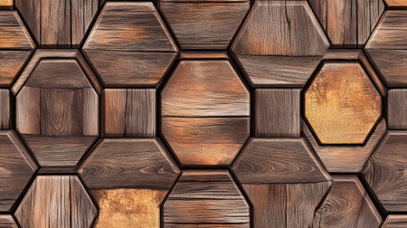 A seamless pattern of hexagonal tiles with a wood grain texture, showcasing the beauty and diversity of natural materials. The design incorporates shades of brown for contrast against neutral tones. Digital illustration with detailed textures to highlight the intricate patterns on each tile. A harmonious blend of modernity and traditional craftsmanship. High resolution for crisp details. --chaos 30 --ar 16:9 --v 6.1 Job ID: c3b37525-7db9-4f58-a2c0-33a27b7daa8fの素材