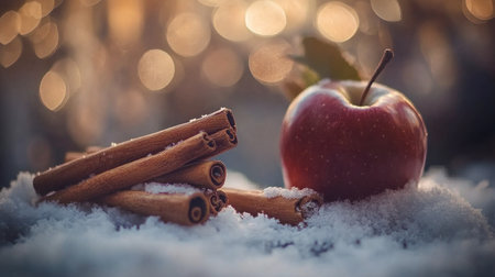 A cozy scene with cinnamon sticks and an apple on a snowy background, with bokeh lights in the background. --chaos 30 --ar 16:9 --v 6.1 Job ID: ca0cf7b8-a37c-4f05-ae0a-97635df4f1d3の素材