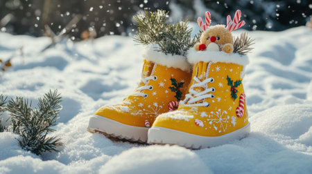 A pair of yellow boots with Christmas decorations, including reindeer horns and candy cane elements on the snow background. The shoes have small pine branches in them, creating an atmosphere full of New Year's joy. A plush toy is placed inside one shoe to add warmth and vitality. The focus is on the face. --chaos 30 --ar 16:9 --v 6.1 Job ID: 2849be97-e3e1-4c08-89e4-e4dfec59218cの素材