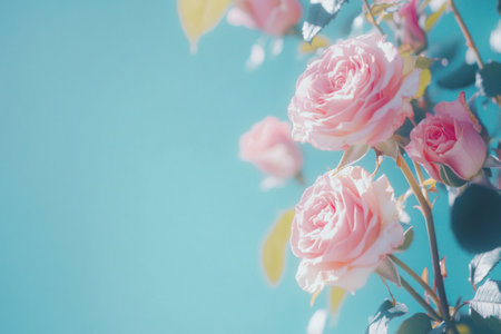 A bouquet of pink roses on the right side, with delicate petals and soft colors against a vibrant blue background. The focus is sharp for a clear view of the flowers. Soft pastel hues create an elegant atmosphere. --ar 3:2 --v 6.1 Job ID: 2586a158-9a29-48c0-a5aa-f5a537a6fa1cの素材