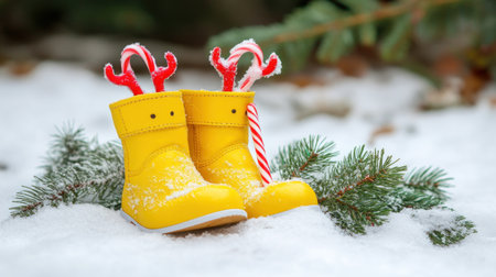 A pair of yellow boots with reindeer ears and antlers is placed on the snow, holding a candy cane in its hand. There are pine branches next to it. The background color should be white or gray. In front of the background, there must be green Christmas tree leaves. This photo will make for a great website banner. It feels like you can almost touch the items. --chaos 30 --ar 16:9 --v 6.1 Job ID: b6357360-7156-4c6e-aae5-60b0be87615aの素材