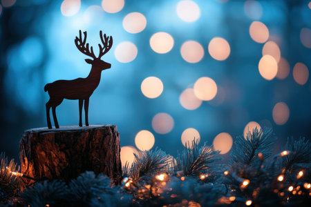 A simple wooden deer silhouette standing on top of an old tree stump, surrounded by Christmas decorations and lights, against the backdrop of a blue wall with a bokeh effect. The focus is sharp on the figure, while the background blurs into out-of-focus light and shadow. --ar 3:2 --v 6.1 Job ID: 5641f45a-bbde-42b6-9cff-83f03c15793fの素材