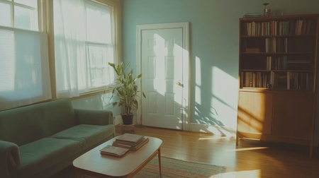 A modern living room with light blue walls, a white door, and a wooden floor. A pastel green sofa sits on the left side of an empty wall, near which is a coffee table with books and a potted plant. On the right, there's a cabinet against a white background. Bright sunlight streams in through the window. The composition captures clean lines and a minimalist aesthetic. --chaos 30 --ar 16:9 --v 6.1 Job ID: 5662e460-3e05-4701-87eb-e9699ab2f94fの素材