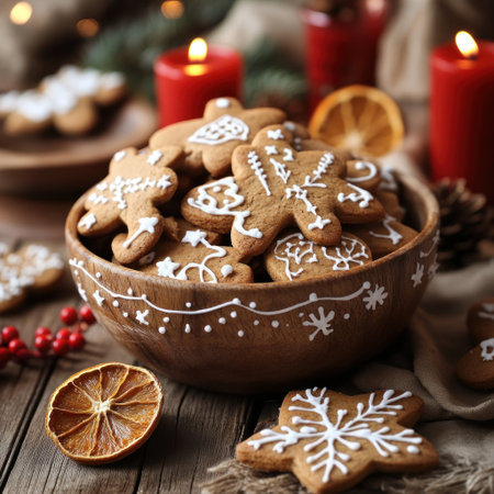 A wooden bowl filled with gingerbread cookies, decorated in white icing and tiny stars, sits on an old wooden table surrounded by dried orange slices and red candles. The background is light brown with visible texture, giving the scene a rustic feel. In front of it lie a pair of hand-drawn sugar cookie cutouts, painted like hearts or snowflakes, adding to its festive charm. This warm, inviting composition evokes the spirit of Christmas. --v 6.1 Job ID: c3265b7c-d3f0-455a-be28-dd6c4c08e0d2の素材