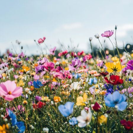 A vibrant field of wildflowers, with colorful petals in shades of pink, purple, yellow, and blue, creating an enchanting natural landscape. The background is a clear sky against the backdrop of green grasses. Captured with a Canon EOS R5 camera and a macro lens for detailed close-ups. --v 6.1 Job ID: 067a1156-d972-4ebc-8bc6-d16a93082b37の素材