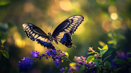 Butterfly on a purple butterfly bush in a garden, with a blurred green background, macro photography, stock photo, isolated. --chaos 30 --ar 16:9 --v 6.1 Job ID: 642cc64d-f7b9-44fd-a693-71275181c974の素材