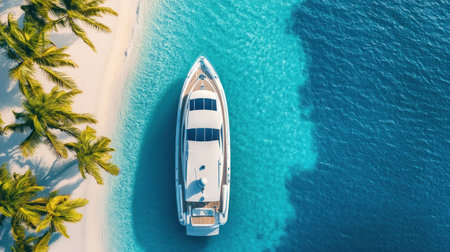 A luxury yacht in the clear blue waters of an exotic island, surrounded by white sandy beaches and lush palm trees. The boat is adorned with modern design elements, offering panoramic views from its top deck overlooking crystal-clear turquoise water. Aerial view capturing the essence of opulence on a tropical holiday. High-resolution photography showcasing the beauty of sea life through the lens of adventure travel. --chaos 30 --ar 16:9 --v 6.1 Job ID: 183ea7a0-1994-4443-af0c-d202396c2d46の素材
