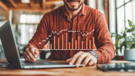 Businessman holding a virtual digital icon of the text "B2 dwindling" and the numbers "0 to 5". This business concept represents growth, business development, or goal setting in the year 2023, with a man using a laptop in an office background. Photo taken on a Canon R3 4K DSLR camera. --chaos 30 --ar 16:9 --v 6.1 Job ID: de990f61-9622-401e-a153-f913dc76dc1bの素材