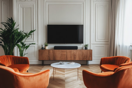 A living room with a parquet floor, white walls, and orange armchairs. A large flat-screen television is mounted on the wall above an elegant TV stand. The scene has soft lighting and a clean aesthetic. --ar 3:2 --v 6.1 Job ID: 22c5443a-046a-4068-b63b-db88789b26ffの素材