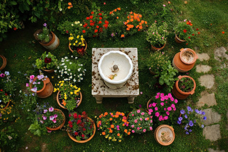 A garden filled with various types of flowers and potted plants, including petunias, daisies, lavender, marigolds, cosmos, and others, growing in the grass near an old white porcelain birdbath on top of a rectangular stone table surrounded by clay pots of different sizes and colors. The scene is captured from above in a wide-angle view, showcasing vibrant greenery and colorful blossoms that add vibrancy to the lush surroundings. --ar 3:2 --v 6.1 Job ID: 19dd87b6-8a95-4fbd-affc-f91f43a26457の素材