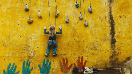 Photo of an eight-year-old girl with blonde hair and blue pants climbing on the indoor rock wall, colorful rocks hanging from ropes, yellow background with multicolored handprints and holds on it, climbing gear in front of her on the floor. --chaos 30 --ar 16:9 --v 6.1 Job ID: 56624054-c899-472f-934a-bbd737c79e22の素材