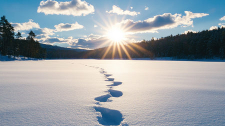 A panoramic view of a snow-covered landscape with a forest and hills in the winter, on a bright, sunny day with a blue sky. The sun is shining through the clouds, and there are some small footprints leading across the scene. --chaos 30 --ar 16:9 --v 6.1 Job ID: c67dd6b7-a7c7-4b86-a112-9dba538d8bffの素材