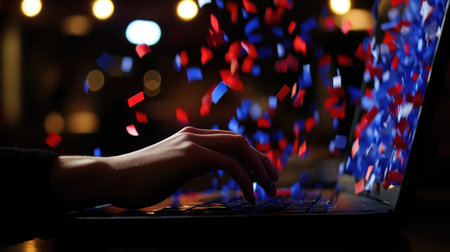 A person typing on their laptop with multiple red and blue warning signs floating around them, indicating a security breach effect. The background is blurred to emphasize the digital elements of data protection in a business office setting. --chaos 30 --ar 16:9 --v 6.1 Job ID: 160a404d-8782-42c2-924e-20af7adf27a6の素材