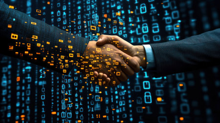 A handshake between two business people, with digital elements like binary code and padlocks in the background representing technology and network security for cyber protection. The concept of 'arrow to hologram handshaking in the data world' is highlighted by an orange and indigo color theme, creating an atmosphere of modernity and a corporate, warehouse-like environment. --chaos 30 --ar 16:9 --v 6.1 Job ID: 5793db9f-bbca-457e-9f01-0118baee8b07の素材