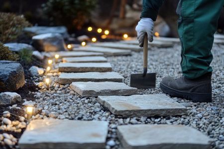 A photo of an outdoor patio being built with natural stone, showing the mason laying stones in rows and creating borders between them. The stones should be large beige or grey rocks with visible textures. A worker is wearing green workwear and white gloves while holding tools like a trowel and sledgehammer to lay down decorative stones on top of gravel under twinkling lights. There are some pebbles scattered around for decoration. --ar 3:2 --v 6.1 Job ID: fedbc564-5a68-49db-ac36-b5809048c9b8の素材