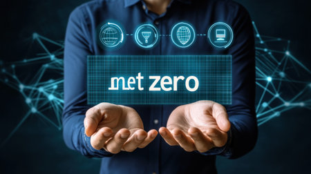 A businessman holding the word "net zero" in his hands, with futuristic circular icons around it on a dark blue background. --chaos 30 --ar 16:9 --v 6.1 Job ID: 3c59c1d0-105c-40a3-bac3-c5f4ee20d77fの素材