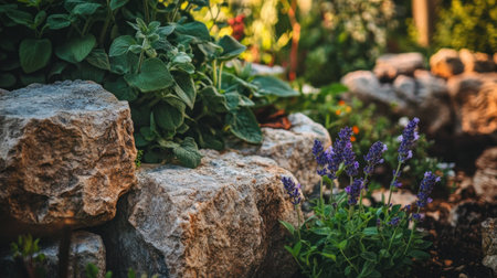 A close-up of the ornamental herb garden in front, with various herbs and plants including purple sage growing between stone blocks. The setting is an outdoor space with lush greenery and warm sunlight filtering through, creating a serene atmosphere. This scene emphasizes organic aesthetics and sustainable design elements in modern landscaping. --chaos 30 --ar 16:9 --v 6.1 Job ID: 8bd7f46f-b85c-49e0-b57a-fa47a718be20の素材