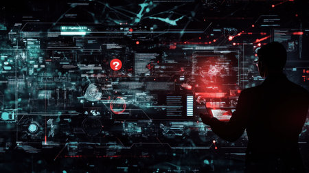 A business professional is using an AI-based application on their laptop to navigate a densely patterned digital interface, highlighting icons representing various types of system components. In the background, there's a red exclamation mark and other black icons showing danger or alarm, with some small white circles around them. All around, there are floating abstract futuristic elements like lines, dots, geometric shapes, and a holographic display screen. --chaos 30 --ar 16:9 --v 6.1 Job ID: 9540908f-7710-48d2-8b5b-990dd9390a6cの素材