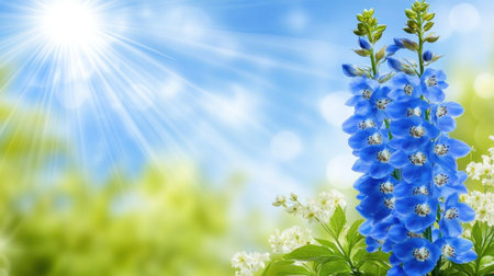 Close-up of a blue delphinium flower in a green meadow, with a blurred background, providing ample space for text, a high-quality stock photo concept. --chaos 30 --ar 16:9 --v 6.1 Job ID: 0f662dd0-4b4a-49c8-bcf4-32abfe19d723の素材