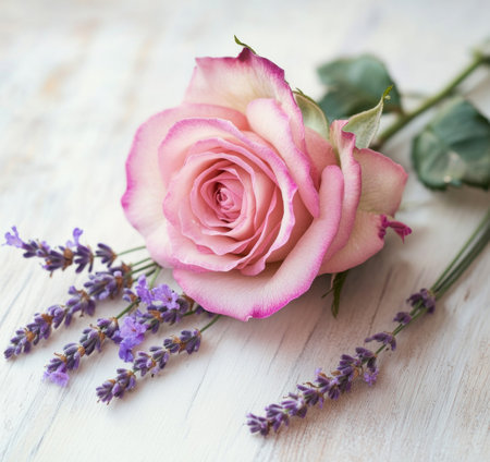 Pink roses and lavender on a light wooden table, close-up. A pink rose with a green stem, pink petals with purple edges, and several small violet flowers near the rose. A simple composition with soft lighting and a white background. High-resolution photography. --ar 16:15 --v 6.1 Job ID: 5bb56fe2-a3bc-46d5-aeb4-ba01ab65b2dcの素材