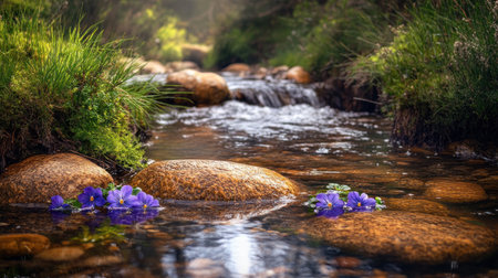 A photograph of the beautiful nature scenery in the Vä»ç»äº Aleksbadskaya valley, featuring rocks and flowers along its banks. The stream flows gently through it, with lush greenery on both sides, creating an idyllic scene for outdoor activities such as hiking or fishing. In close-up view, purple thjebe flower blooms among pebbles at one side of riverbed. Shot by Nikon D850 DSLR camera with 70-20mm lens at f/4 aperture setting, cinematic lighting, high resolution ultra realistic HD --chaos 30 --ar 16:9 --v 6.1 Job ID: 2d04dd2d-0cc3-44d9-ad9d-b4169e1acb08の素材