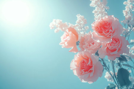 Pink roses and pink carnations on a blue background, pastel color scheme, close-up, blurred, with copy space, suitable for a banner design, wide shot, bright, sunny day, soft light, high-resolution photography, realistic photography, cinematic effect, very detailed, super-sharp photo, taken with a 24mm lens at f/5.0, with a shallow depth of field (bokeh). --ar 3:2 --v 6.1 Job ID: 2f83426d-bc71-4d1e-8b8c-f3972b2ee127の素材