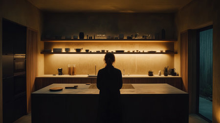 A minimalist kitchen with a light concrete countertop and dark wood cabinets, a floating island in the center of the frame, neutral tones, with wooden shelves above for dishware, and natural lighting. The image was shot on a Sony Alpha A7 III camera with a 35mm f/2.8 lens, resulting in a sharp, hyper-realistic photograph. --chaos 30 --ar 16:9 --v 6.1 Job ID: 6668d118-e598-4aa9-9dea-b5e5170f5bfcの素材