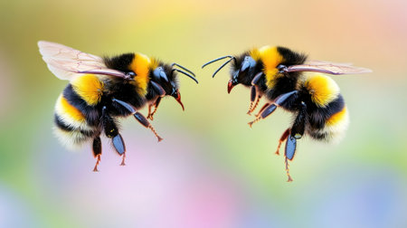 A close-up of bumblebees on spring flowers in the garden, highlighting their playfulness and intense focus on the vibrant colors of blooming wildflowers and lush greenery. The background is blurred to emphasize the bees as they navigate through various shades of pink, purple, blue, and yellow blossoms, creating an enchanting scene that captures nature's beauty and life during early summer. Captured using a Canon EOS-5D Mark III camera with an EF lens, aperture f/8, and shutter speed of 20 seconds. --chaos 30 --ar 16:9 --v 6.1 Job ID: a44fd14b-ca29-4d90-aae9-a4f2a5d2374aの素材