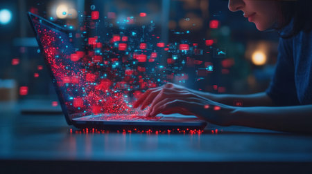 A person typing on their laptop with multiple red and blue warning signs floating around them, indicating a security breach effect. The background is blurred to emphasize the digital elements of data protection in a business office setting. --chaos 30 --ar 16:9 --v 6.1 Job ID: 160a404d-8782-42c2-924e-20af7adf27a6の素材