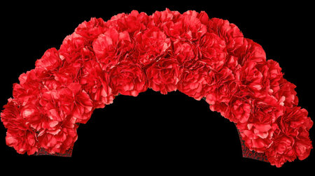 Red carnations arranged in the shape of an arch, creating a circular pattern on top of a textured fabric that resembles lace or fur. The red color is vibrant and striking against the black background, giving it depth and contrast. This arrangement would be suitable for romantic themes such as Valentine's Day or wedding events. --chaos 30 --ar 16:9 --v 6.1 Job ID: 42d33919-d775-44f3-b845-c796ebb9fed0の素材