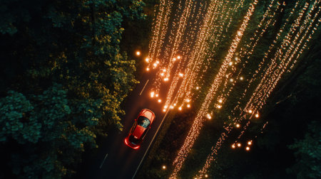 Highway with cars on the road, an overhead view of three networked vehicles in motion, centered on one car showing digital data waves and holographic icons for haunted house decor, green forest landscape, clear sky, daylight, natural sunlight, clean sharp focus, stock photo, professional color grading, white lighting, bright colors, volumetric light, ultra-realistic photography. --chaos 30 --ar 16:9 --v 6.1 Job ID: a25a48f0-b159-436f-a914-bf0407f50368の素材