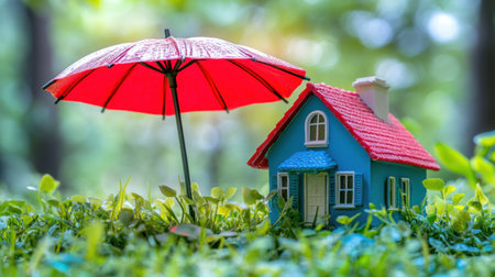 A red umbrella holding down the roof of a miniature house on green grass, symbolizing home protection with real estate insurance. The scene is set outdoors in nature, emphasizing that it's used for advertising or marketing purposes. This design conveys security and peace of mind to a potential diverse audience. --chaos 30 --ar 16:9 --v 6.1 Job ID: 71bd9a4d-b66d-4690-a32f-2ecdbf988bd9の素材