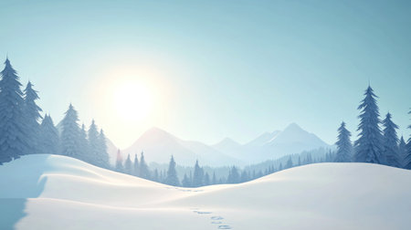 Panoramic view of a snow-covered landscape with a forest and mountains in the background, a sunny winter day with a blue sky, bright sun rays, and visible snowflakes in the air. A large empty space at the center is available for text or a product. Panoramic view of a snowy mountain landscape with pine trees and a blue sky, with the sun shining on the top of the hills. A snowy white field covered in rime and footprints. A winter nature concept. Panoramic view of a snow-covered hill with a forest in the distance. --chaos 30 --ar 16:9 --v 6.1 Job ID: 6f56e124-d8c7-4f68-ac5d-2144f1777191の素材