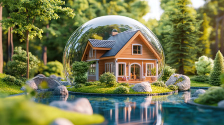 Surrealistic concept of an entire house encased in glass, representing the protection and security associated with home insurance. The bubble symbolizes safety against various potential risks. The style is photorealistic, hyperrealism, shot on a Sony Alpha A7 III camera. --chaos 30 --ar 16:9 --v 6.1 Job ID: d6e4127a-3786-426e-8dbf-20cccbe702a7の素材