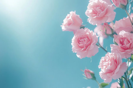 Pink roses and pink carnations on a blue background, pastel color scheme, close-up, blurred, with copy space, suitable for a banner design, wide shot, bright, sunny day, soft light, high-resolution photography, realistic photography, cinematic effect, very detailed, super-sharp photo, taken with a 24mm lens at f/5.0, with a shallow depth of field (bokeh). --ar 3:2 --v 6.1 Job ID: 2f83426d-bc71-4d1e-8b8c-f3972b2ee127の素材