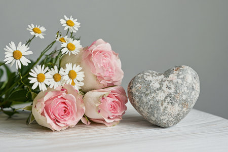 Pink roses and daisies on a white wooden table, with a heart-shaped rock. Pastel color tones, stock photography, white background, professional studio photo, 35 mm lens at f/2.8. --ar 3:2 --v 6.1 Job ID: e7d61d28-3a95-40a5-bc1b-781537fe131bの素材