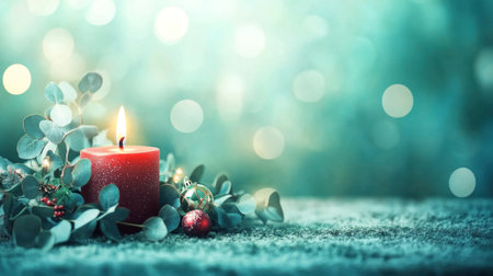 A red candle with eucalyptus leaves and Christmas decorations on a green bokeh background banner, with copy space for text. The focus is soft on the left side of an illuminated Christmas decoration with greenery. The lighting is soft and diffused, creating a dreamy atmosphere. This design would be suitable as a digital backdrop or wallpaper. --chaos 30 --ar 16:9 --v 6.1 Job ID: cbd15bb5-dc80-4218-8d3e-77b61f0cf155の素材