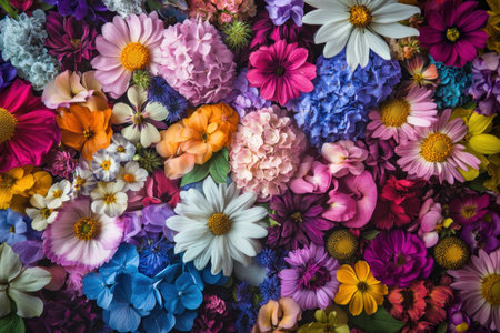 A vibrant meadow filled with wildflowers, showcasing the beauty of nature's colors and textures. The flowers include various shades of purple, white, pink, red, yellow, blue, green, and orange, creating an enchanting display that captures attention in every corner. This scene is captured through a macro lens to highlight intricate details like petals, leaves, stamens, stigmas, petal shapes, and flower head structures, adding depth and texture to each element. --ar 3:2 --v 6.1 Job ID: f9bc4dc7-a72e-4ded-9e59-75da11f19208の素材