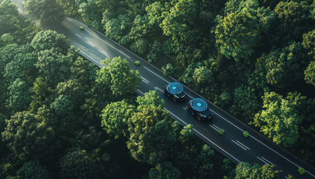 Digital icon of an advanced technology self-driving system for road safety on the highway, surrounded by lush green trees. A car with blue circular robotic symbols is driving along in an aerial view. The background features a beautiful forest landscape with tall and dense foliage. This concept symbolizes modern transportation while emphasizing environmental protection and public security, an ultra-realistic photograph captured on high-resolution 35mm film. --ar 53:30 --v 6.1 Job ID: b012cd1e-e8ff-4dfc-9b2a-c0177edf3844の素材